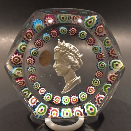 Vintage Saint Louis Art Glass Paperweight Queen Elizabeth Sulphide & Millefiori