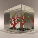 Early 1930s Chinese Art Glass Paperweight Sulphide Birds In A Tree Faceted Block