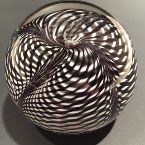 Signed Correia Art Glass Paperweight Black & White Pulled Feather Stripes