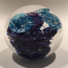 Signed Jon Sawyer Art Glass Paperweight Mottled Blue Trumpet Flowers on Purple