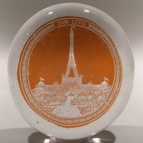 Rare Antique Baccarat Art Glass Paperweight Etched Eiffel Tower Amber Flash