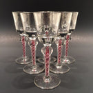 Set Of 6 Antique Art Glass Cordial Wine Glasses W/ Red & White Air Twist Stem