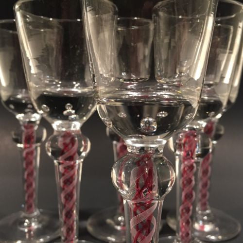 Set Of 6 Antique Art Glass Cordial Wine Glasses W/ Red & White Air Twi