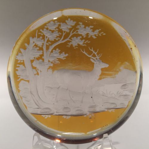 Antique Bohemian Art Glass Paperwieght Engraved Amber Flash Forest Stag