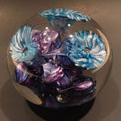 Signed Jon Sawyer Art Glass Paperweight Mottled Blue Trumpet Flowers on Purple