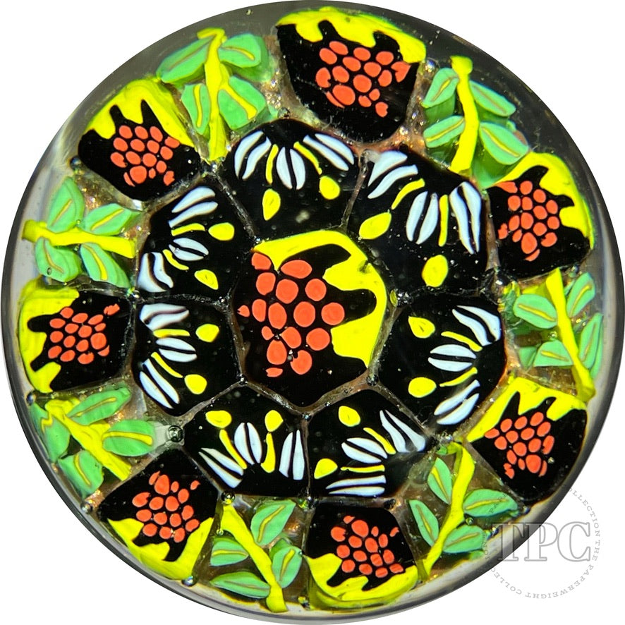 Vintage Murano Fratelli Toso Glass Art Paperweight Murrine Fruit. Leaves & Berries on Aventurine Cushion