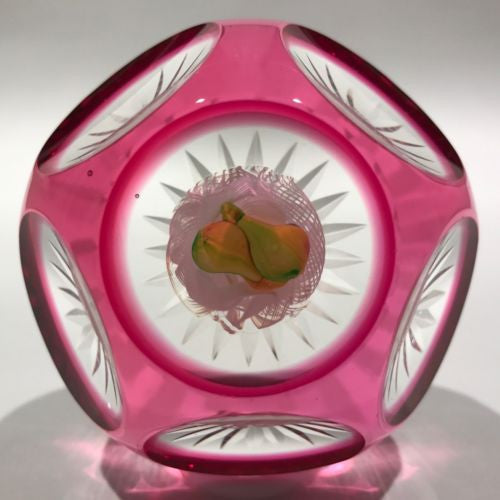 Vintage Murano Art Glass Paperweight Double Pear Faceted Ruby Flash Overlay
