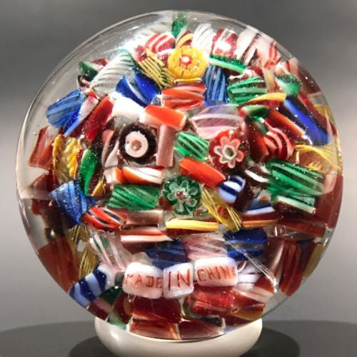 Early Chinese Art Glass Paperweight Millefiori Scramble W/ Made In China Murrine