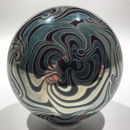 Signed Mark Cantor Art Glass Paperweight Metallic Pulled Feather Design