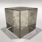 Rare Antique Bohemian Art Glass Paperweight Hand etched Clear Cube