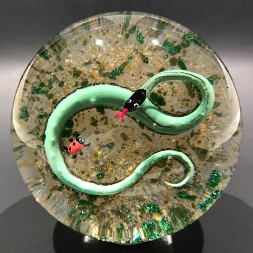 Vintage John Gentile Art Glass Paperweight Lampworked Snake and Lady Bug