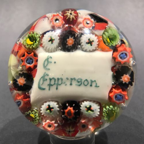 Antique German Art Glass Paperweight Millefiori Name Plaque