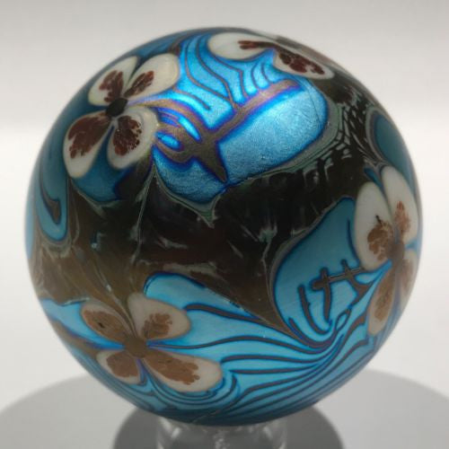 Early 1976 Orient Flume Art Glass Paperweight Iridescent Blue Floral Design