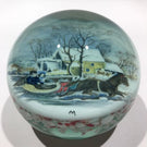 Vintage Tom Mosser Art Glass Paperweight Currier & Ives Encased Printed Plaque