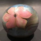 Signed Vandermark Art Glass Paperweight Pink Iridescent Flowers on Blue