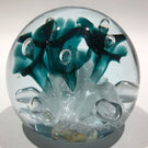 Vintage Monte Dunlavy Art Glass Paperweight Blue Trumpet Flowers on White