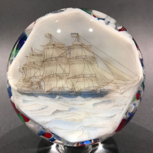Vintage American Thomas Mosser Art Glass Paperweight Encased Pirate Ship Plaque