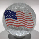 Vintage American Studio Art Glass Paperweight Encased US Flag Decal on White