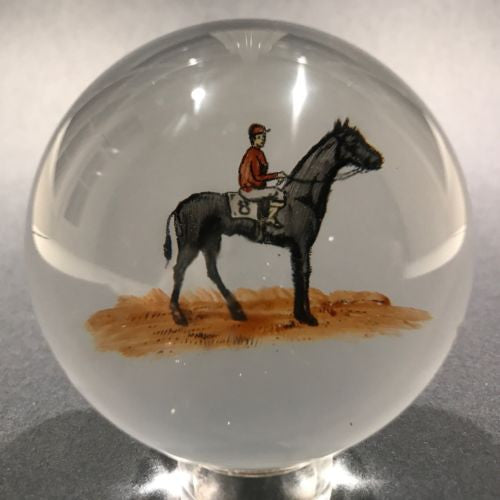 Early American Art Glass Paperweight Hand-painted Enamel Race Horse
