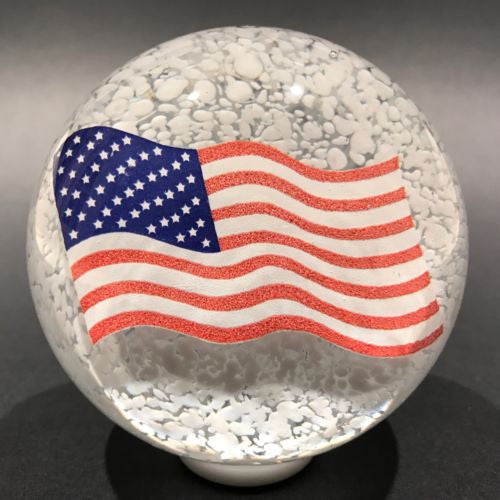 Vintage American Studio Art Glass Paperweight Encased US Flag Decal on White
