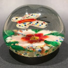 Old Chinese Lampwork Art Glass Paperweight Hovering Butterfly at Pink Flower