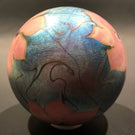 Signed Vandermark Art Glass Paperweight Pink Iridescent Flowers on Blue