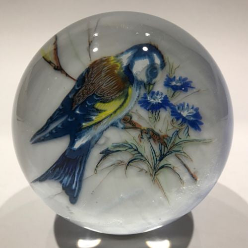 Vintage Henry Davis Art Glass Paperweight Goldfinch Encased Plaque Bird Decal