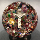 Antique Unknown French Art Glass Paperweight Crucifix Sulphide w/ Millefiori