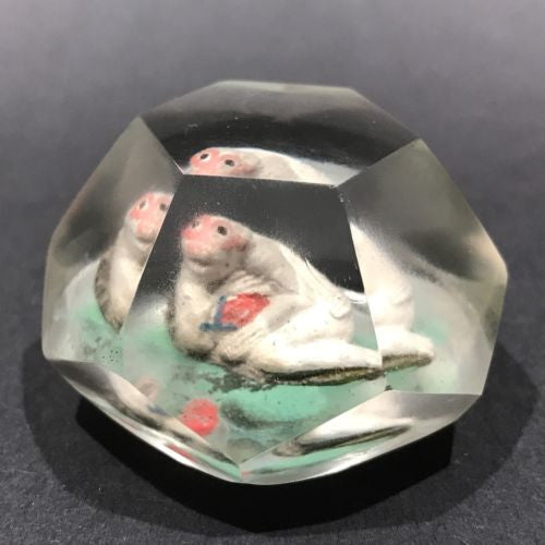 Early Chinese Faceted Art Glass Paperweight Hand Painted Monkey Sulphide