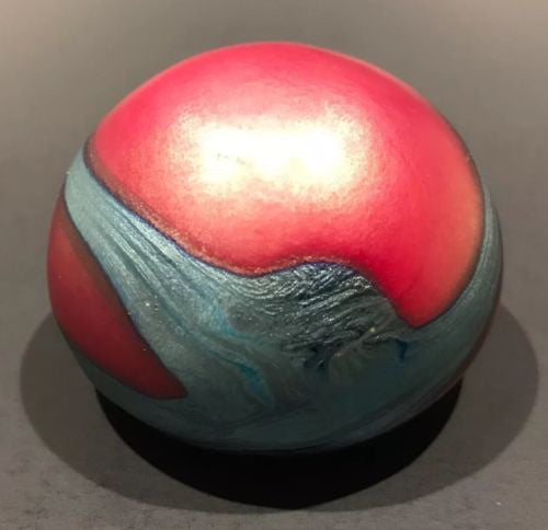 Miniature Charles Lotton Art Glass Paperweight Iridescent Red & Blue Design