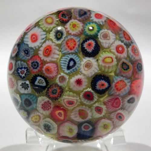 Vintage Strathearn Art Glass Paperweight Closepack Millefiori on Yellow Ground