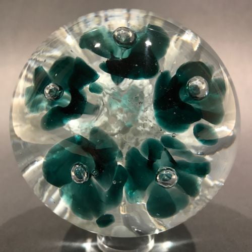 Vintage Monte Dunlavy Art Glass Paperweight Blue Trumpet Flowers on White