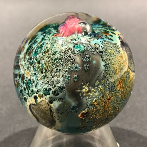 Early Josh Simpson Art Glass handmade Marble 1-1/2” Inhabited Planet