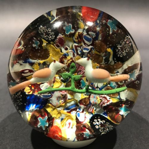 Antique German Thuringian Art Glass Paperweight Lampworked Birds & Millefiori
