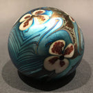 Early 1976 Orient Flume Art Glass Paperweight Iridescent Blue Floral Design