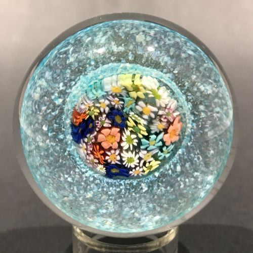 Vintage Miniature Murano Art Glass Paperweight Complex Daisy Millefiori on Blue
