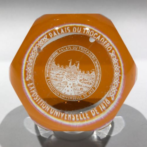 Antique Baccarat Art Glass Paperweight Engraved Amber Flash 1878 World Fair