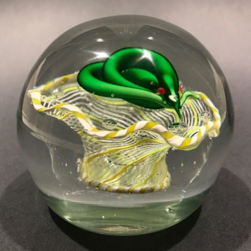 Rare Vintage Murano Art Glass Paperweight Coiled Snake in Yellow & White Basket