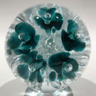 Vintage Monte Dunlavy Art Glass Paperweight Blue Trumpet Flowers on White