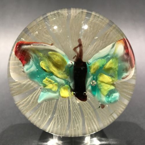 Vintage Murano Art Glass Paperweight Lampworked Butterfly on Latticino Basket