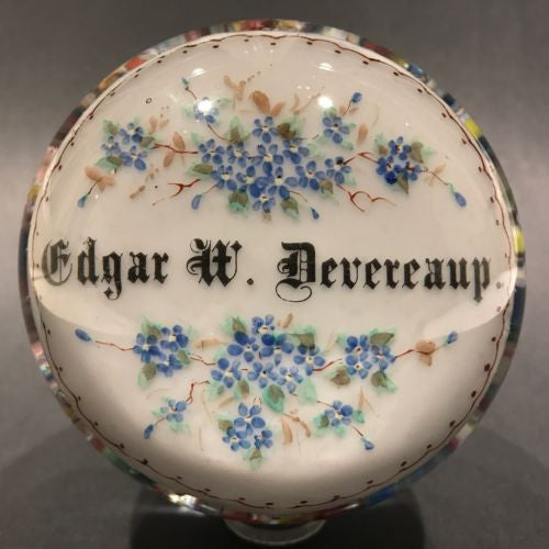 Huge Antique Millville Art Glass Paperweight Hand Painted Floral Name Plaque