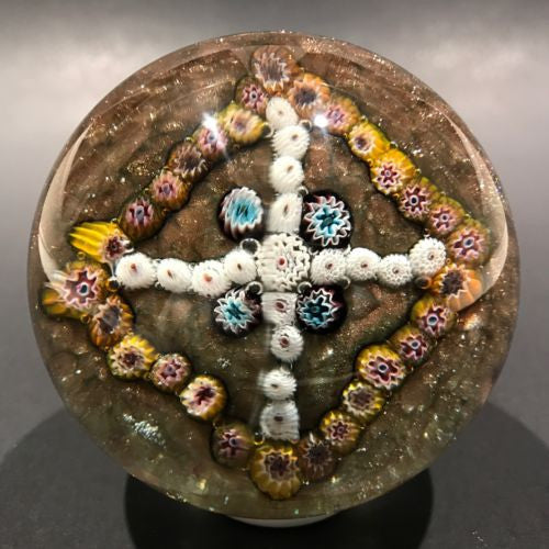 Vintage Murano Art Glass Paperweight Millefiori Garland on Aventurine Cushion