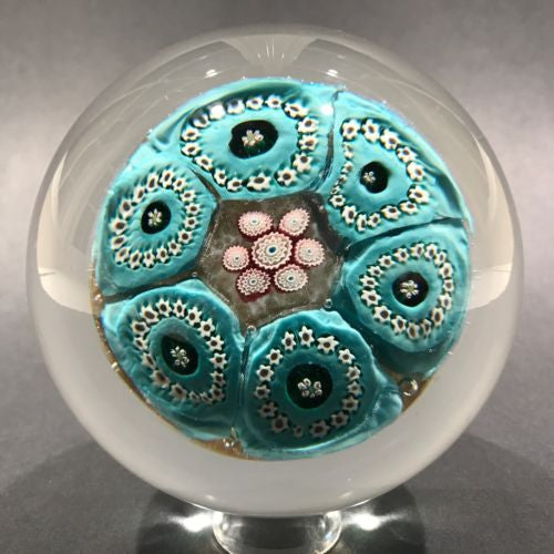 Large Vintage Murano Art Glass Paperweight Complex Blue Flower Millefiori