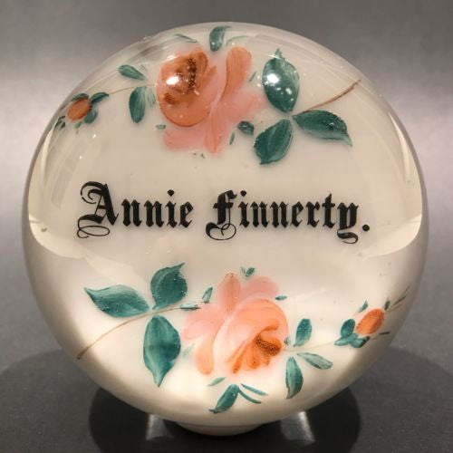 Antique Albert Graeser Art Glass Paperweight Hand painted Rose Name Plaque