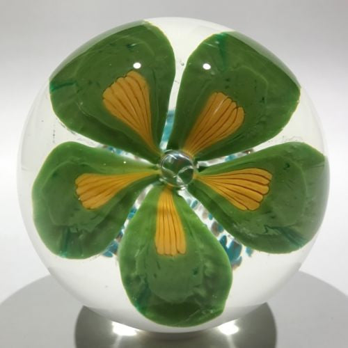 Vintage Murano Art Glass Paperweight Green & Yellow Millefiori Petal Flower