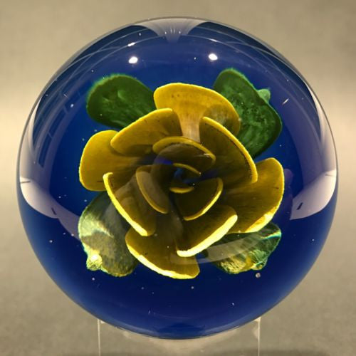 Signed Robert Mason Pairpoint Footed Yellow Crimp Rose Art Glass Paperweight