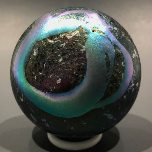 Signed Charles Lotton Art Glass Paperweight Iridescent Blue Volcanic Surface