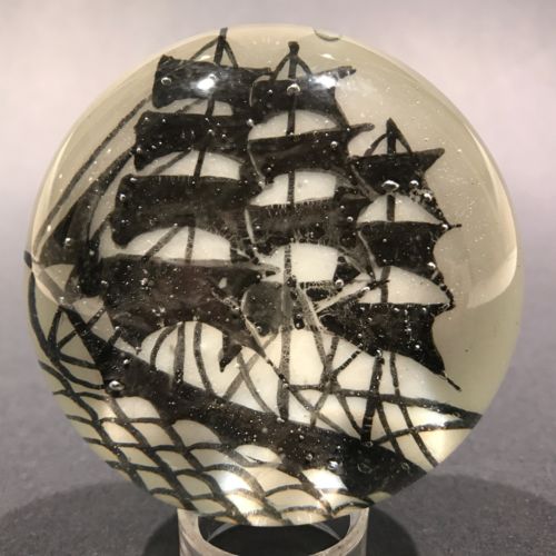Old Chinese Painted White Ground Art Glass Paperweight Pirate Clipper Ship
