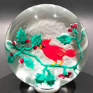 Vintage Murano Art Glass Paperweight Lampworked Cardinal & Winter Holly