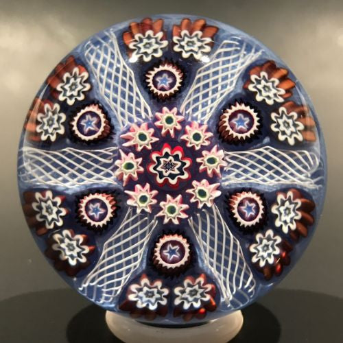 Vintage Peter Mcdougall Art Glass Paperweight 6 Spoke Millefiori Twists on Blue